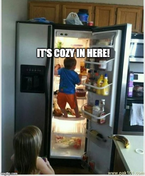 baby getting food from fridge | IT'S COZY IN HERE! | image tagged in baby getting food from fridge | made w/ Imgflip meme maker