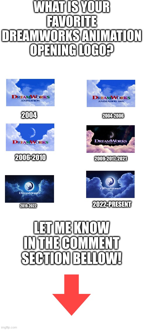 WHAT IS YOUR FAVORITE DREAMWORKS ANIMATION OPENING LOGO? 2004-2006; 2004; 2006-2010; 2009-2017, 2021; 2022-PRESENT; 2019-2022; LET ME KNOW IN THE COMMENT SECTION BELLOW! | image tagged in dreamworks | made w/ Imgflip meme maker