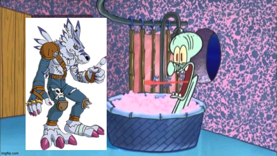 Weregarurumon goes to Squidward's house | image tagged in who dropped by squidward's house,anime,digimon | made w/ Imgflip meme maker