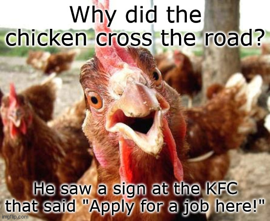 Endless opportunities await! | Why did the chicken cross the road? He saw a sign at the KFC that said "Apply for a job here!" | image tagged in chicken | made w/ Imgflip meme maker