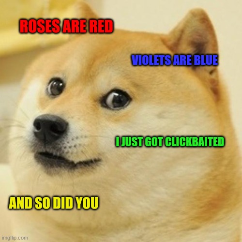 the sad truth about the internet | ROSES ARE RED; VIOLETS ARE BLUE; I JUST GOT CLICKBAITED; AND SO DID YOU | image tagged in memes,doge,the scroll of truth | made w/ Imgflip meme maker