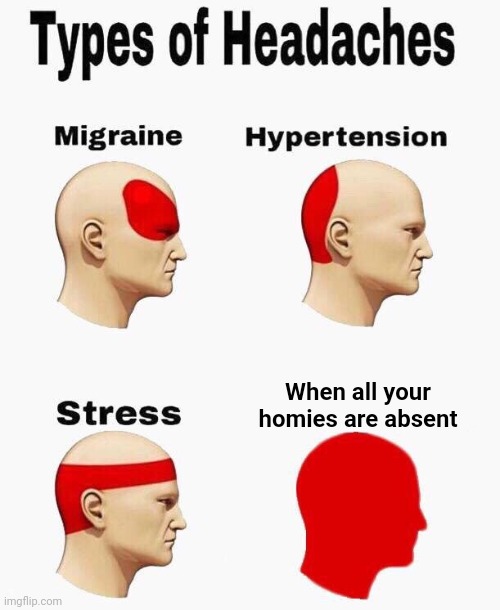 I hate when my homies in school are absent | When all your homies are absent | image tagged in headaches,memes,funny | made w/ Imgflip meme maker