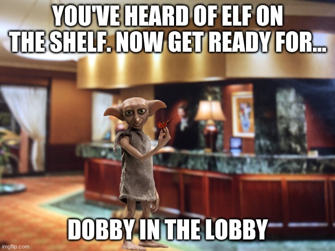 Idk | YOU'VE HEARD OF ELF ON THE SHELF. NOW GET READY FOR... DOBBY IN THE LOBBY | image tagged in hotel lobby,dobby,harry potter,elf on the shelf | made w/ Imgflip meme maker