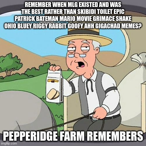 This is 99% accurate! | REMEMBER WHEN MLG EXISTED AND WAS THE BEST RATHER THAN SKIBIDI TOILET EPIC PATRICK BATEMAN MARIO MOVIE GRIMACE SHAKE OHIO BLUEY RIGGY RABBIT GOOFY AHH GIGACHAD MEMES? PEPPERIDGE FARM REMEMBERS | image tagged in memes,pepperidge farm remembers | made w/ Imgflip meme maker