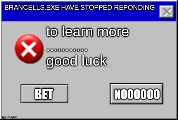 braincells.exe | BRANCELLS.EXE HAVE STOPPED REPONDING; to learn more
...........
good luck; BET; NOOOOOO | image tagged in windows error message,funny,funny memes,meme,relatable,relatable memes | made w/ Imgflip meme maker