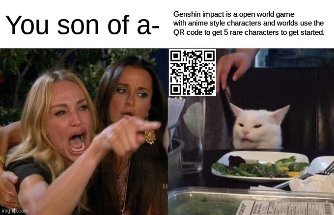 Woman Yelling At Cat | You son of a-; Genshin impact is a open world game with anime style characters and worlds use the QR code to get 5 rare characters to get started. | image tagged in memes,woman yelling at cat | made w/ Imgflip meme maker