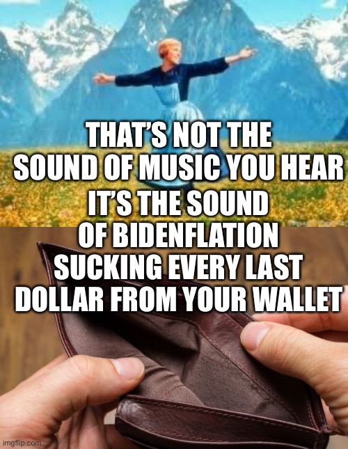 THAT’S NOT THE SOUND OF MUSIC YOU HEAR IT’S THE SOUND OF BIDENFLATION SUCKING EVERY LAST DOLLAR FROM YOUR WALLET | image tagged in memes,look at all these,empty wallet | made w/ Imgflip meme maker