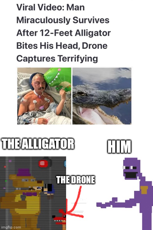 FNAF meme | HIM; THE ALLIGATOR; THE DRONE | image tagged in bite | made w/ Imgflip meme maker