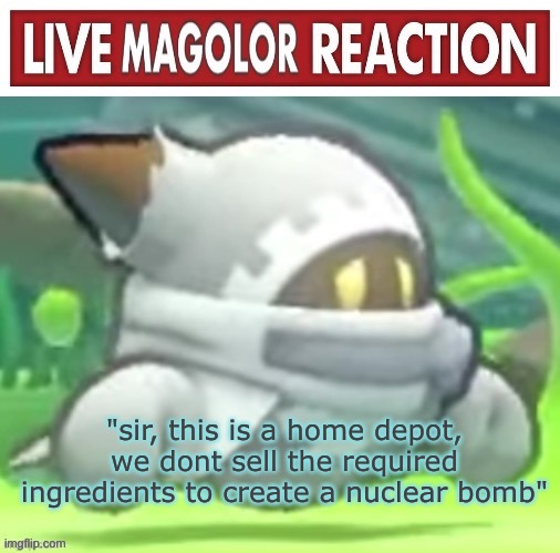 we must get him his ingredients chat | "sir, this is a home depot, we dont sell the required ingredients to create a nuclear bomb" | image tagged in live magolor reaction | made w/ Imgflip meme maker