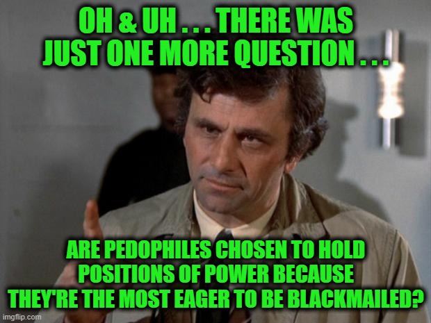 Columbo | OH & UH . . . THERE WAS JUST ONE MORE QUESTION . . . ARE PEDOPHILES CHOSEN TO HOLD POSITIONS OF POWER BECAUSE THEY'RE THE MOST EAGER TO BE B | image tagged in columbo | made w/ Imgflip meme maker