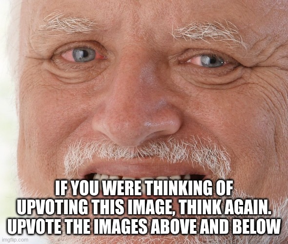 I dare you | IF YOU WERE THINKING OF UPVOTING THIS IMAGE, THINK AGAIN. UPVOTE THE IMAGES ABOVE AND BELOW | image tagged in hide the pain harold,memes | made w/ Imgflip meme maker