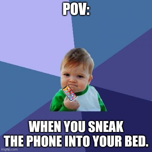 me be like. | POV:; WHEN YOU SNEAK THE PHONE INTO YOUR BED. | image tagged in memes,success kid | made w/ Imgflip meme maker