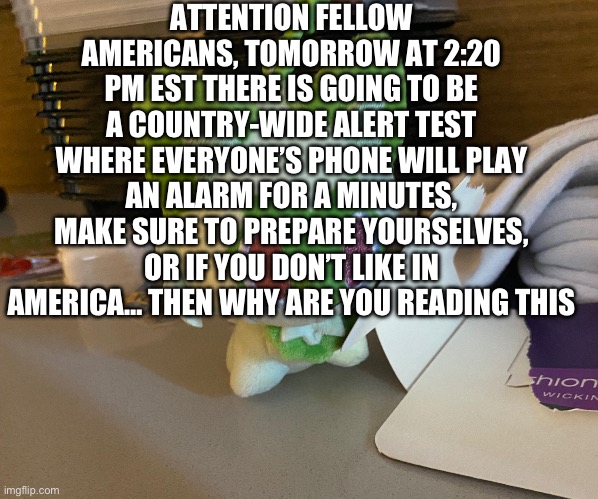 there are going to be like 20 posts here about this so I’m mentioning it right here right now | ATTENTION FELLOW AMERICANS, TOMORROW AT 2:20 PM EST THERE IS GOING TO BE A COUNTRY-WIDE ALERT TEST WHERE EVERYONE’S PHONE WILL PLAY AN ALARM FOR A MINUTES, MAKE SURE TO PREPARE YOURSELVES, OR IF YOU DON’T LIKE IN AMERICA… THEN WHY ARE YOU READING THIS | image tagged in scrimblo | made w/ Imgflip meme maker