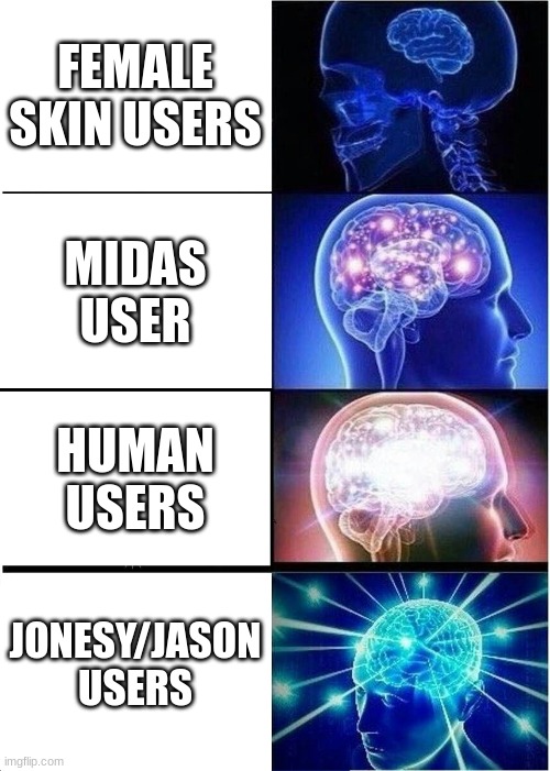 Expanding Brain | FEMALE SKIN USERS; MIDAS USER; HUMAN USERS; JONESY/JASON USERS | image tagged in memes,expanding brain | made w/ Imgflip meme maker