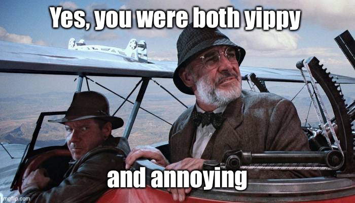 Sean Connery Airplane | Yes, you were both yippy and annoying | image tagged in sean connery airplane | made w/ Imgflip meme maker