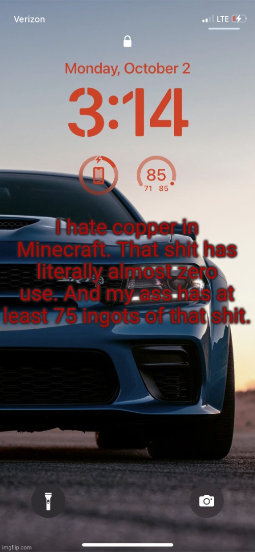 Sallie.may's Hellcat Temp | I hate copper in Minecraft. That shit has literally almost zero use. And my ass has at least 75 ingots of that shit. | image tagged in sallie may's hellcat temp | made w/ Imgflip meme maker