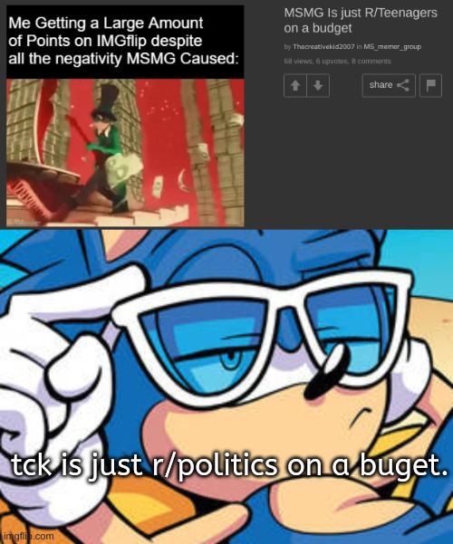 *budget | tck is just r/politics on a buget. | image tagged in sonic ayo | made w/ Imgflip meme maker