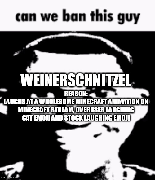 HE IS A MORON, ABSOLUTE MORON. | WEINERSCHNITZEL; REASON:
LAUGHS AT A WHOLESOME MINECRAFT ANIMATION ON MINECRAFT STREAM, OVERUSES LAUGHING CAT EMOJI AND STOCK LAUGHING EMOJI | image tagged in can we ban this guy | made w/ Imgflip meme maker