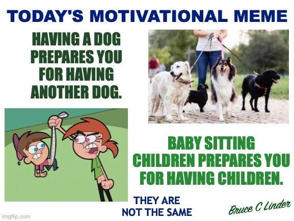 Dogs vs Children | TODAY'S MOTIVATIONAL MEME; HAVING A DOG
PREPARES YOU
FOR HAVING
ANOTHER DOG. BABY SITTING CHILDREN PREPARES YOU FOR HAVING CHILDREN. THEY ARE
NOT THE SAME; Bruce C Linder | image tagged in dogs,children,babysitting,vicky the babysitter,child care | made w/ Imgflip meme maker