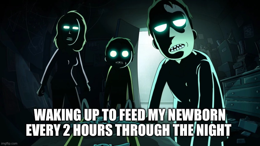 Rick and morty night family | WAKING UP TO FEED MY NEWBORN EVERY 2 HOURS THROUGH THE NIGHT | image tagged in rick and morty night family | made w/ Imgflip meme maker