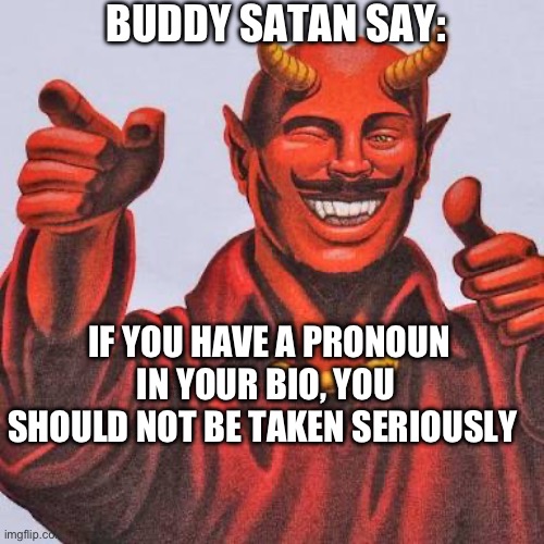 Pronouns | BUDDY SATAN SAY:; IF YOU HAVE A PRONOUN IN YOUR BIO, YOU SHOULD NOT BE TAKEN SERIOUSLY | image tagged in buddy satan,pronouns | made w/ Imgflip meme maker