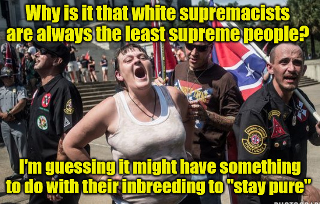 white trash cons | Why is it that white supremacists are always the least supreme people? I'm guessing it might have something to do with their inbreeding to "stay pure" | image tagged in white trash cons,kkk,racists,racist | made w/ Imgflip meme maker