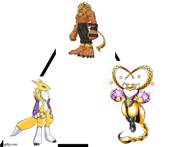 Renamon,Leomon and Meicrackmon is another awesome trio | image tagged in triangle,anime,digimon | made w/ Imgflip meme maker
