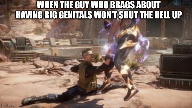 Johnny Cage ballbuster | WHEN THE GUY WHO BRAGS ABOUT HAVING BIG GENITALS WON’T SHUT THE HELL UP | image tagged in johnny cage ballbuster | made w/ Imgflip meme maker