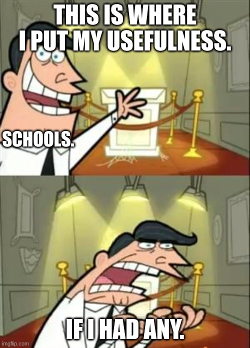 school meme | THIS IS WHERE I PUT MY USEFULNESS. SCHOOLS. IF I HAD ANY. | image tagged in memes,this is where i'd put my trophy if i had one | made w/ Imgflip meme maker