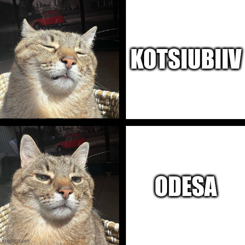 Kotsiubiiv (old name: Odesa) | KOTSIUBIIV; ODESA | image tagged in stepan cat,kotsiubiiv,odesa,ukraine | made w/ Imgflip meme maker