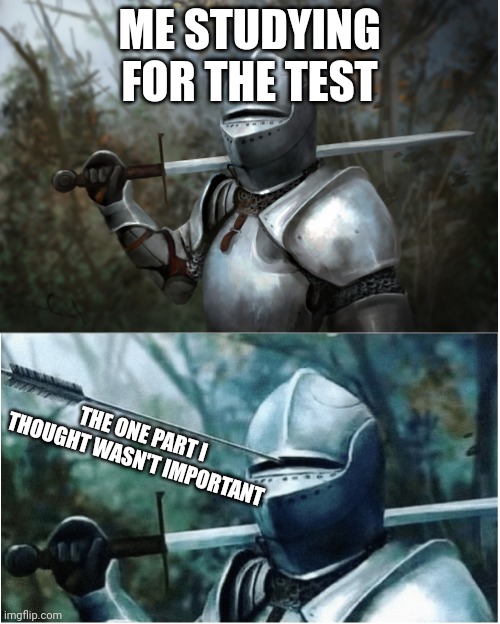 Knight with arrow in helmet | ME STUDYING FOR THE TEST; THE ONE PART I THOUGHT WASN'T IMPORTANT | image tagged in knight with arrow in helmet | made w/ Imgflip meme maker