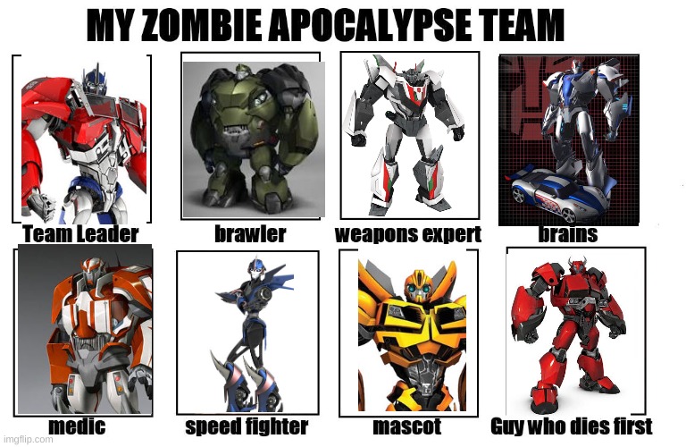 Transformer times | image tagged in my zombie apocalypse team | made w/ Imgflip meme maker