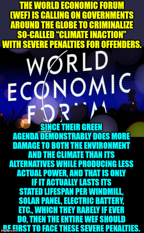 WEF demands that failing to comply with the globalist green agenda should be classed as a “human rights violation.” | THE WORLD ECONOMIC FORUM (WEF) IS CALLING ON GOVERNMENTS AROUND THE GLOBE TO CRIMINALIZE SO-CALLED “CLIMATE INACTION” WITH SEVERE PENALTIES FOR OFFENDERS. SINCE THEIR GREEN AGENDA DEMONSTRABLY DOES MORE DAMAGE TO BOTH THE ENVIRONMENT AND THE CLIMATE THAN ITS ALTERNATIVES WHILE PRODUCING LESS ACTUAL POWER, AND THAT IS ONLY IF IT ACTUALLY LASTS ITS STATED LIFESPAN PER WINDMILL, SOLAR PANEL, ELECTRIC BATTERY, ETC., WHICH THEY RARELY IF EVER DO, THEN THE ENTIRE WEF SHOULD BE FIRST TO FACE THESE SEVERE PENALTIES. | image tagged in blank black template,nwo police state,climate change,hoax | made w/ Imgflip meme maker