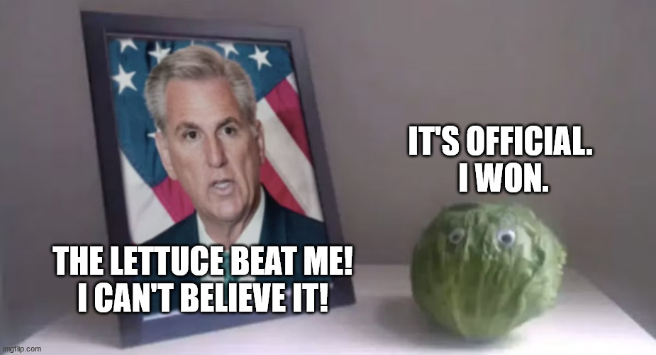 Was this the shortest stint as Speaker ever?  I dunno | IT'S OFFICIAL. 
I WON. THE LETTUCE BEAT ME!
I CAN'T BELIEVE IT! | image tagged in kevin or lettuce | made w/ Imgflip meme maker