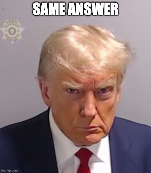Donald Trump Mugshot | SAME ANSWER | image tagged in donald trump mugshot | made w/ Imgflip meme maker