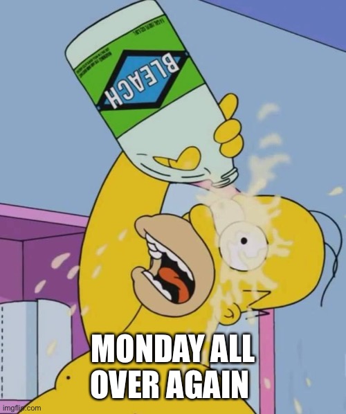 Homer with bleach | MONDAY ALL OVER AGAIN | image tagged in homer with bleach | made w/ Imgflip meme maker