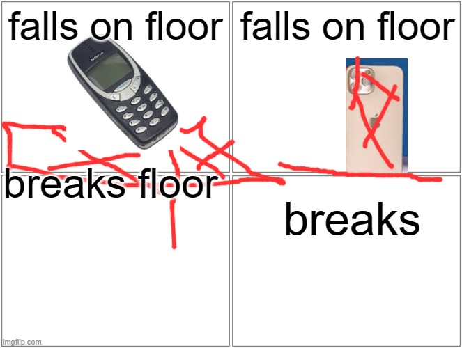 nokia vs i phone | falls on floor; falls on floor; breaks floor; breaks | image tagged in memes,blank comic panel 2x2 | made w/ Imgflip meme maker
