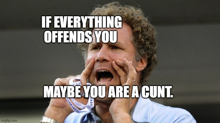 Hey! | IF EVERYTHING OFFENDS YOU; MAYBE YOU ARE A CUNT. | image tagged in hey | made w/ Imgflip meme maker