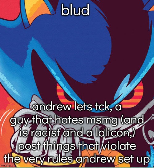 i wouldve been permabanned if i posted anything he did | blud; andrew lets tck, a guy that hates msmg (and is racist and a lolicon,) post things that violate the very rules andrew set up | image tagged in metal sonic clench | made w/ Imgflip meme maker