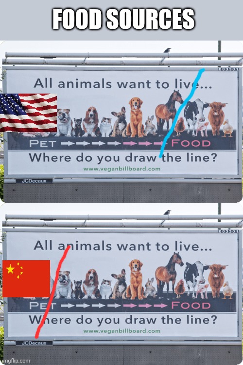 Where do YOU draw the line ?!?! | FOOD SOURCES | image tagged in meat,chinese food,american,food,dark humor | made w/ Imgflip meme maker
