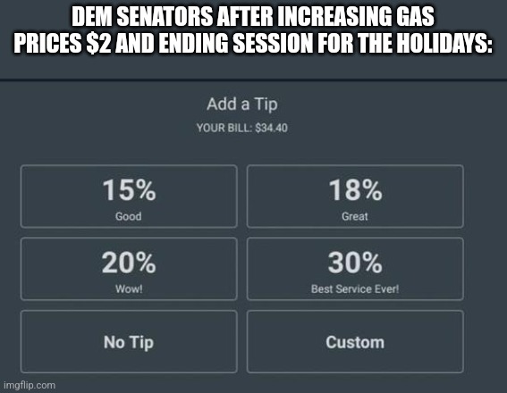 DEM SENATORS AFTER INCREASING GAS PRICES $2 AND ENDING SESSION FOR THE HOLIDAYS: | image tagged in funny memes | made w/ Imgflip meme maker