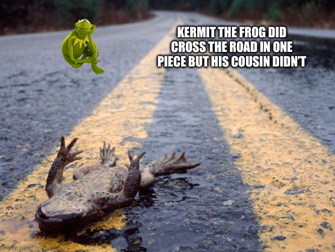Kermit the Frog on road safety | KERMIT THE FROG DID CROSS THE ROAD IN ONE PIECE BUT HIS COUSIN DIDN’T | image tagged in frog roadkill,kermit the frog,disney,road,road safety,meme | made w/ Imgflip meme maker