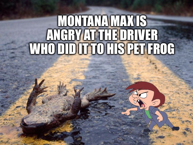 Montana Max is angry | MONTANA MAX IS ANGRY AT THE DRIVER WHO DID IT TO HIS PET FROG | image tagged in frog roadkill,warner bros,road safety,cartoon,cartoons,angry | made w/ Imgflip meme maker