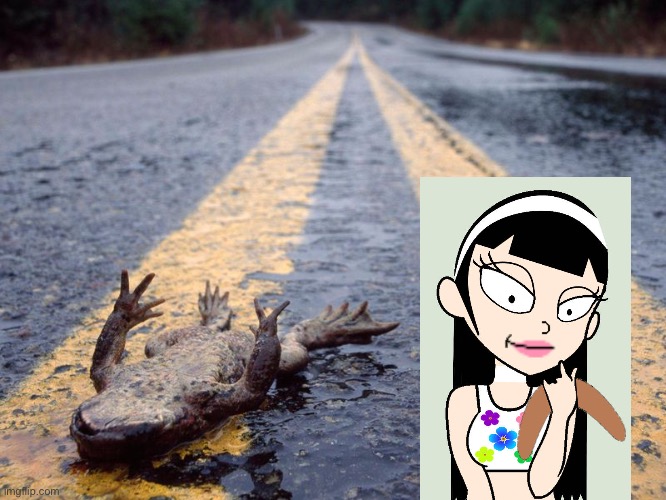 Nat sees a dead frog | image tagged in frog roadkill,girl,bikini,sexy,swimsuit,beach | made w/ Imgflip meme maker