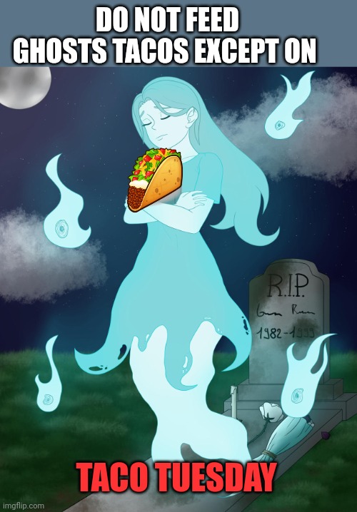 Important ghost facts | DO NOT FEED GHOSTS TACOS EXCEPT ON; TACO TUESDAY | image tagged in important,ghost,facts | made w/ Imgflip meme maker