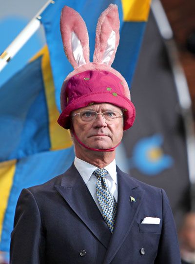High Quality King Carl Gustaf of Sweden with a f*king rabbit ears hat on?? Blank Meme Template