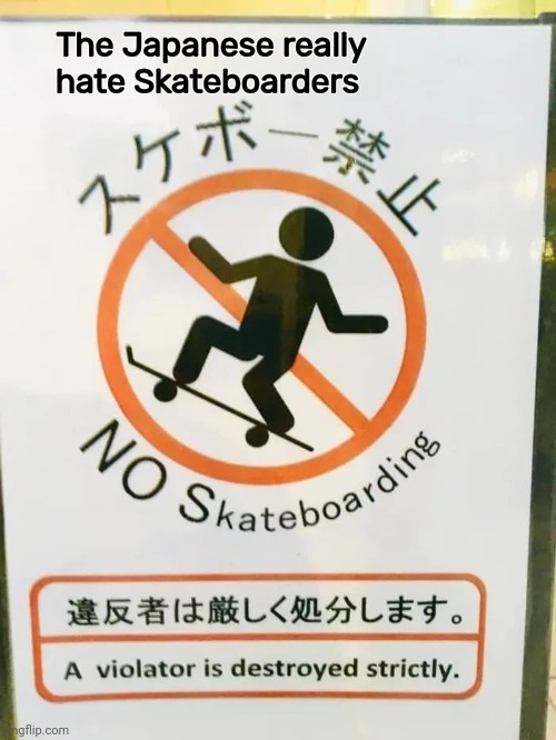 Chill out , Japan | The Japanese really hate Skateboarders | image tagged in skateboarding,so you have chosen death,take it easy,cool crimes,guess i'll die | made w/ Imgflip meme maker