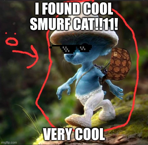 Blue Smurf Cat | I FOUND COOL SMURF CAT!!11! VERY COOL | image tagged in blue smurf cat | made w/ Imgflip meme maker