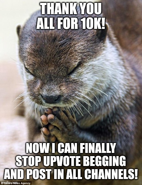 Thank you for 10k! | THANK YOU ALL FOR 10K! NOW I CAN FINALLY STOP UPVOTE BEGGING AND POST IN ALL CHANNELS! | image tagged in thank you lord otter,memes | made w/ Imgflip meme maker