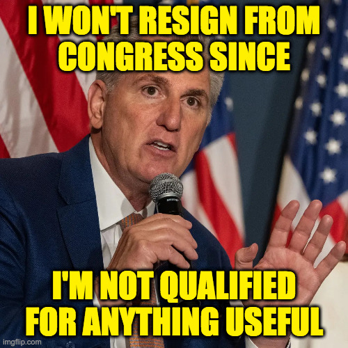 Six-figure salary, itty bitty skill set. | I WON'T RESIGN FROM
CONGRESS SINCE; I'M NOT QUALIFIED FOR ANYTHING USEFUL | image tagged in kevin mccarthy,memes | made w/ Imgflip meme maker